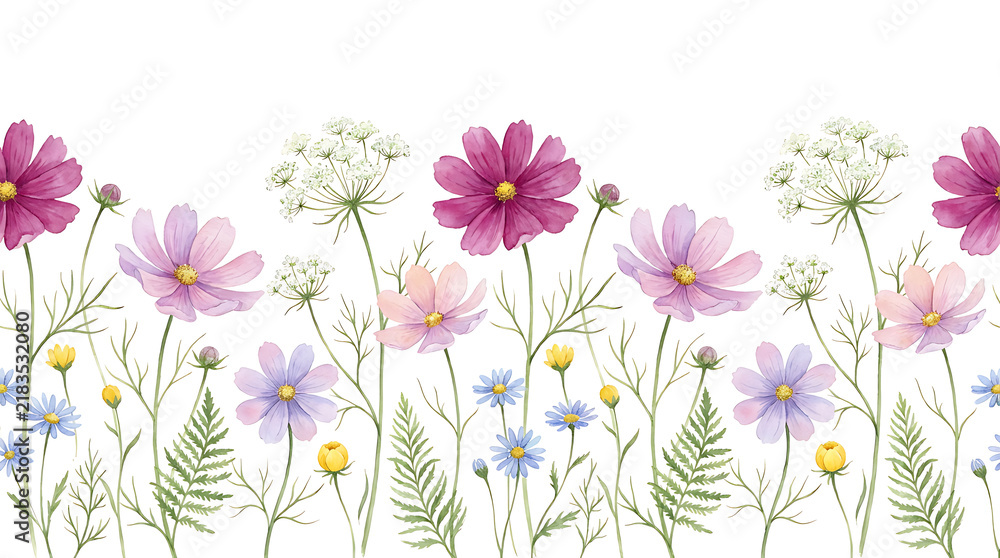 Fototapeta premium A panoramic vector illustration, seamless watercolor wildflower meadow border with cosmos and daisies on white background.