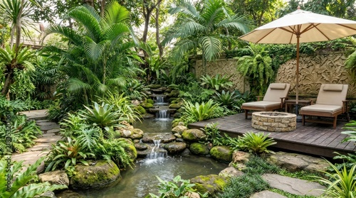 Tropical garden with a tiered waterfall, stone path, and lounge chairs on a wooden deck by a fire pit.