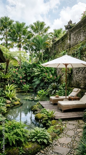 Tropical garden with sun loungers on a wooden deck, koi pond with water lilies and lush green plants.