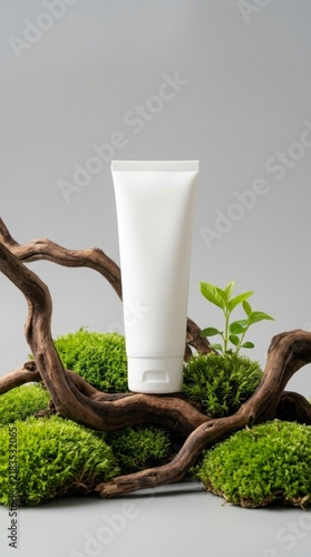 White cosmetic tube on moss and driftwood, organic skincare product presentation on grey background.