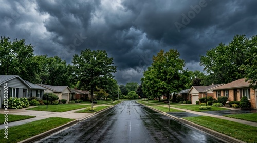 Wet residential street under dark stormy clouds, dramatic sky over suburban neighborhood after rain.