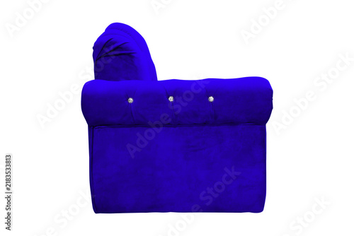 Blue velvet sofa side view isolated on transparent background.