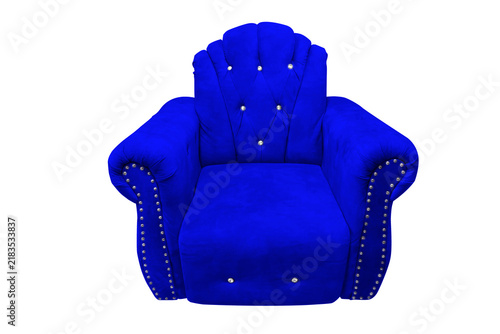 Blue velvet sofa front view isolated on transparent background.