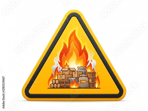 Warning sign illustrating a dangerous fire hazard with burning materials and goods, emphasizing the importance of fire safety and risk awareness for potential ignition sources