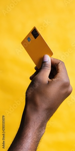 Hand holding credit card on yellow background