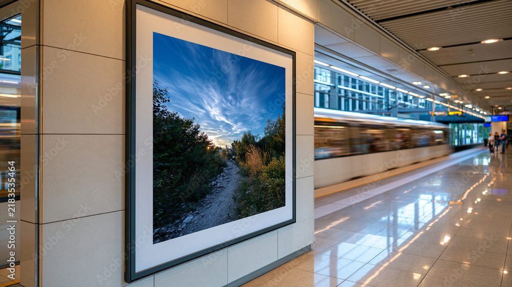 Obraz premium Bright modern metro interior featuring a blank movie poster mockup inside a slim dark frame, empty poster surface illuminated against a tiled wall, passing train rendered with gentle motion blur and