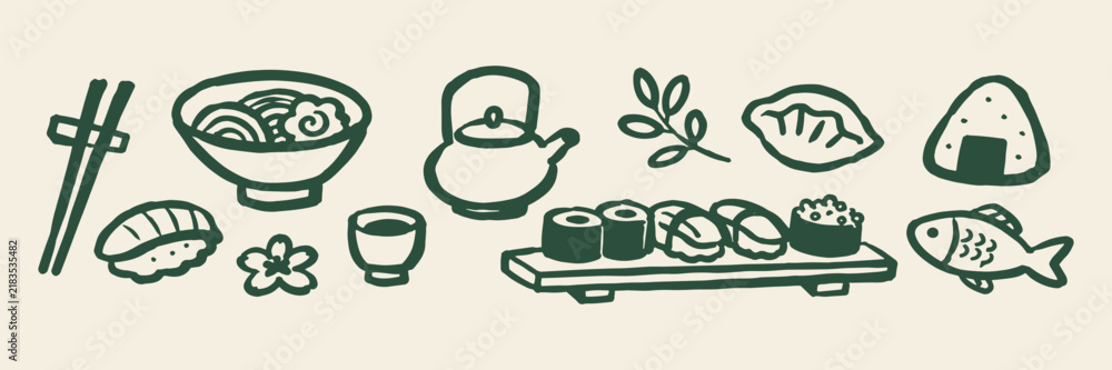 Obraz premium Japanese Food Hand Drawn Doodle Set with Sushi and Ramen