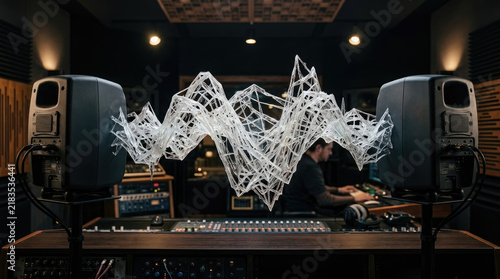 Invisible sound waves create dynamic visual between speakers in recording studio
