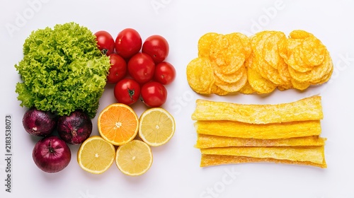division. A comparison of fresh vegetables and fruits versus processed food items. menu design, packaging mockups, designed for culinary blogs and recipe cards for restaurants, inspires cooking.