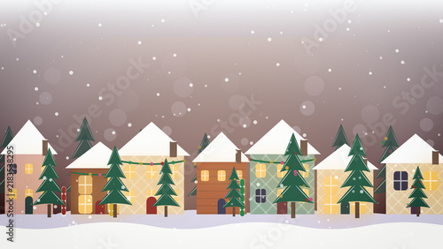 Horizontal Winter Christmas Village Snowing Landscape Background Loop