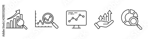 Business analytics icon set, Data analysis icons : bar chart, line graph, dashboard, growth metrics, and pie chart with magnifier icon. for insights, finance and data design. Editable stroke icons