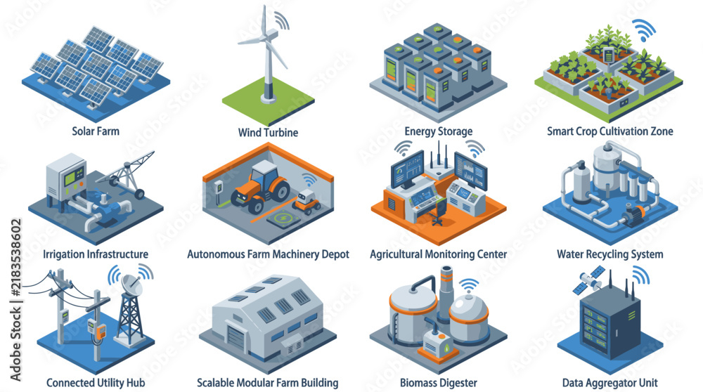 Fototapeta premium Professional Illustrated Guide to Smart Agricultural and Renewable Energy Infrastructure Components