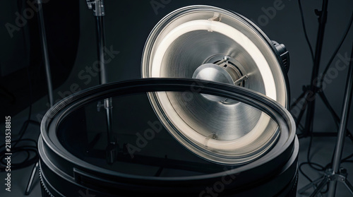 Macro close up of ring light showcasing its reflective surface and design details. image