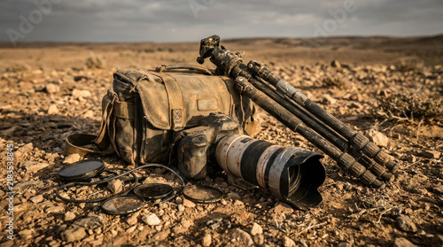 Rugged camera equipment on terrain with worn bag and tripod
