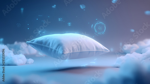 Pillow floating gracefully amidst soft clouds in a futuristic digital bedroom environment.