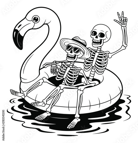 Two skeletons relaxing on a flamingo pool float in black and white