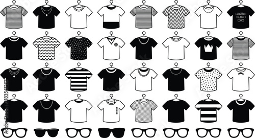 Fashion collection of casual male and female tshirts icons on hangers with sunglasses set flat vector line