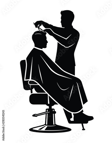 Professional Barber Cutting Client Hair in Salon Chair Black Silhouette Vector Illustration