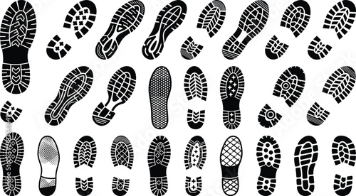 Shoe sole tread pattern silhouette collection featuring assorted footwear prints for outdoor and footwear design