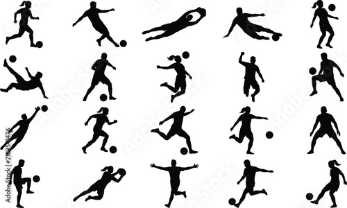 Soccer Player Silhouettes Collection, Dynamic Football Actions and Athletic Sports Poses with Balls
