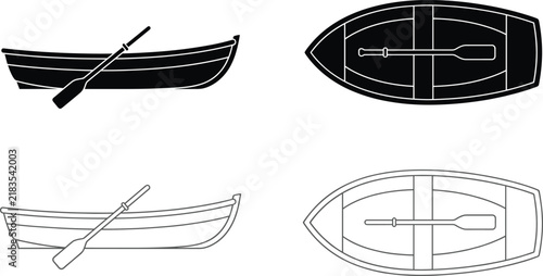 Rowboat and Oar Illustration Set with Side and Top Views Isolated on Gray Background