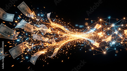 Conceptual visual transformation of paper fiat money dissolving into futuristic glowing cryptocurrency coins and blockchain data.