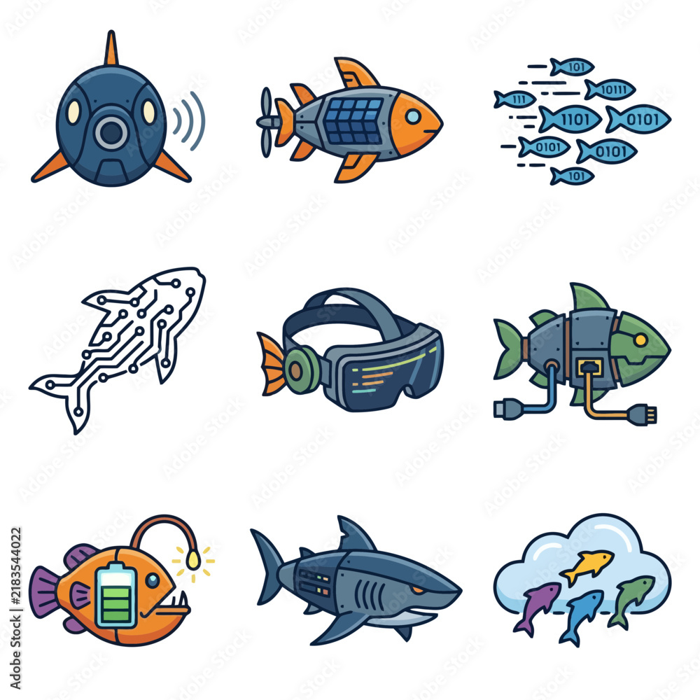 Obraz premium Cybernetic Robot Fish and Digital Sea Technology Illustration Set