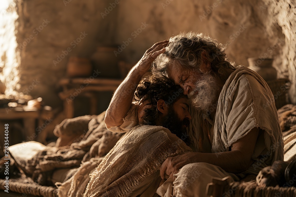 Fototapeta premium Elderly man embracing a young man in a warm, rustic setting