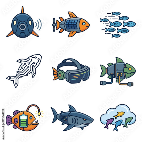 Cybernetic Robot Fish and Digital Sea Technology Illustration Set