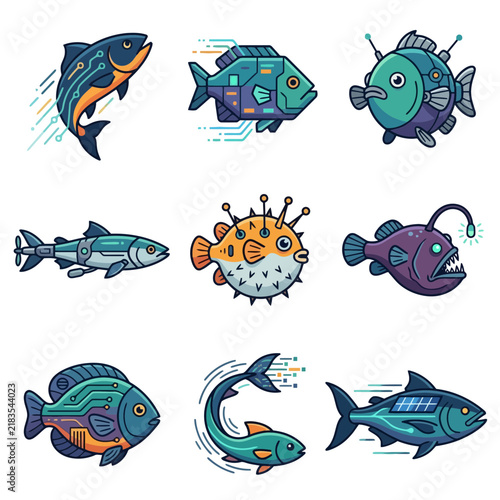 Set of futuristic robotic fish with cybernetic and bionic details