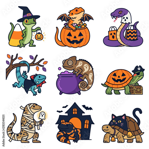 Set of Cute Spooky Reptiles Wearing Halloween Costumes