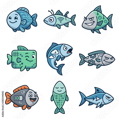 Modern Digital Technology Fish Character Mascots Illustration Set