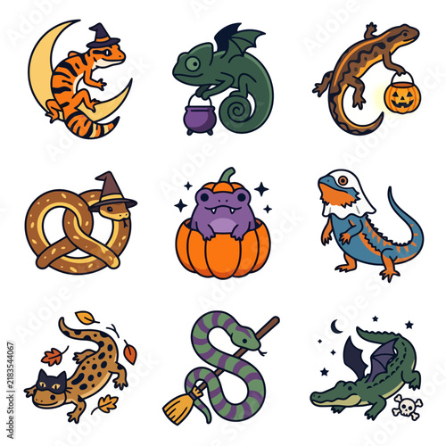 Spooky Cute Reptiles and Amphibians in Halloween Costumes Set