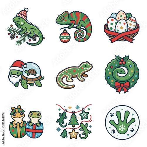 Christmas Themed Reptile and Lizard Vector Illustration Collection