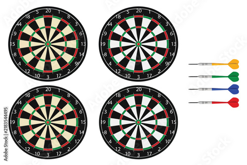 Four dartboards and four colorful darts arranged on a white background