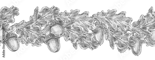 Hand drawn horizontal oak leaves and acorns seamless border in pencil sketch style. Ideal for wilderkind decor, rustic textile, organic packaging, cottagecore wrap, farmhouse wallpaper.