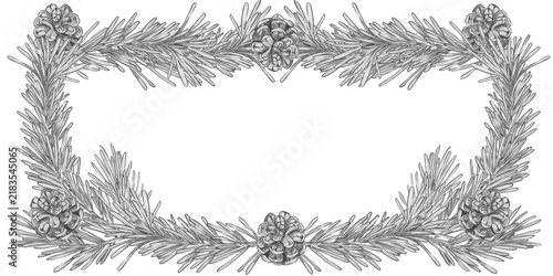 Hand drawn rectangular pine branches and cones frame in pencil sketch style with copy space. Ideal for wilderkind decor, christmas greeting cards, wedding invites, organic packaging, farmhouse wall