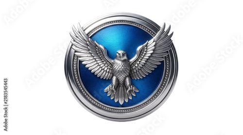 Ornate silver eagle emblem with outstretched wings on a circular blue shield featuring intricate feather details isolated on white background