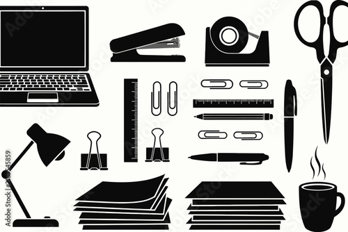 Collection of office supplies and stationery in black and white