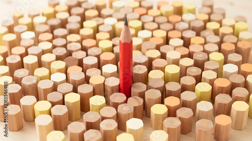 A single red pencil stands out from a crowd of wooden pencils, representing individuality and uniqueness