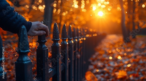 Autumn sunset park hand on fence leaves path
