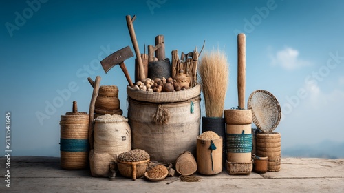 A collection of handmade wooden tools and baskets with various organic items on a rustic surface against a blue sky