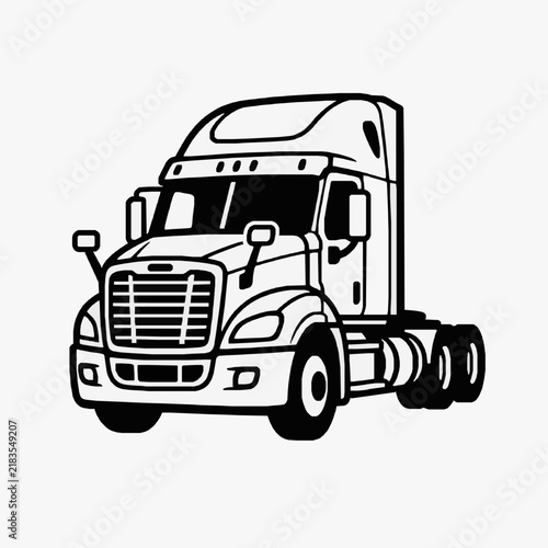 Clean Black and White Line Drawing of a Semi Truck or Big Rig Vehicle with high quality professional line art symbols for modern creative design and digital branding projects