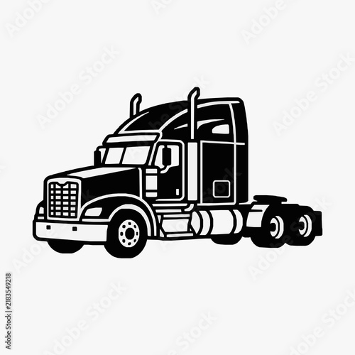 Clean Black and White Line Drawing of a Semi Truck with Dual Rear Axles with high quality professional line art symbols for modern creative design and digital branding projects