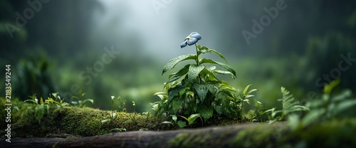 Blue flower blooms amidst lush rainforest. Mossy log in foreground with misty green foliage