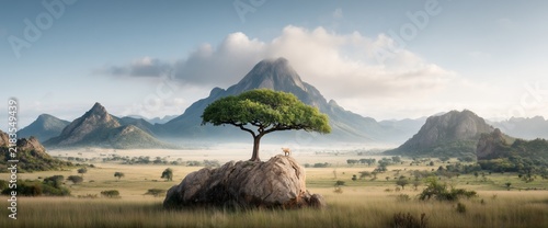 Serene African savanna scene, a lone tree stands atop a rock with distant mountains under a cloudy sky