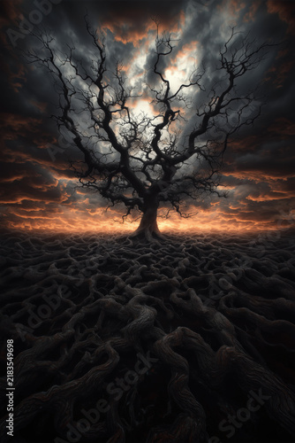 landscape with solitary black tree and tangled roots beneath a fiery storm sky, portrait format, photorealistic
