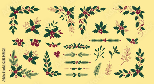 Set of vintage watercolor christmas floral elements and decorative borders for festive holiday greeting card designs