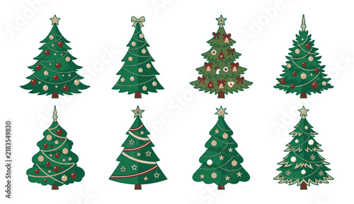 Set of eight decorative christmas trees isolated on a white background for holiday design projects