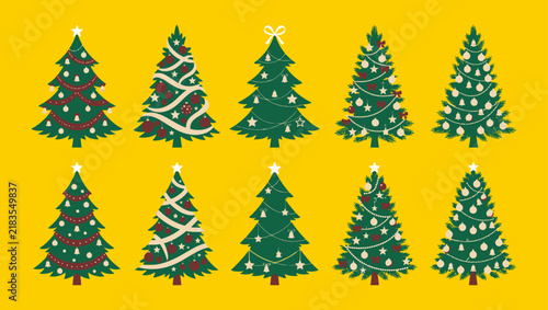 Set of ten different decorated christmas trees isolated on a bright yellow background for holiday design